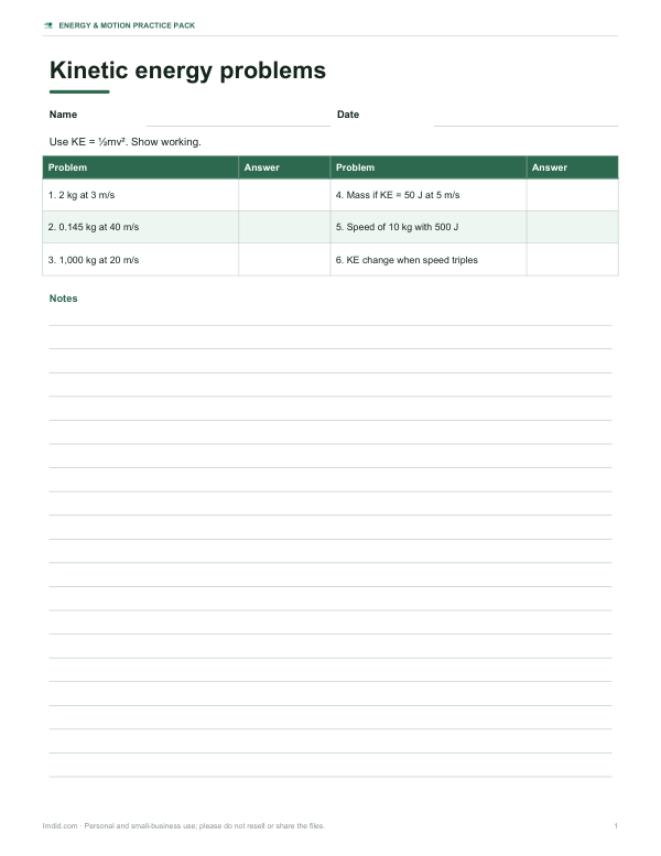 Preview of Printable Kinetic Energy Worksheet